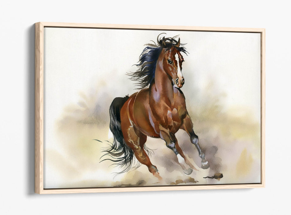 Horse Canvas Art – Majestic Running Brown Horse Watercolour Print on Float Effect Canvas