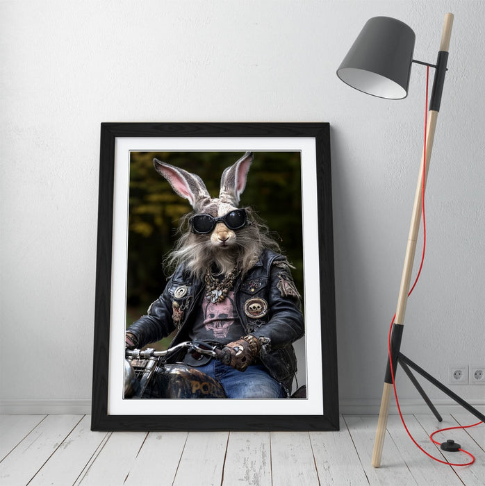 Framed Wall Art Poster - Funny Biker Rabbit Print With High Quality Wood Frame