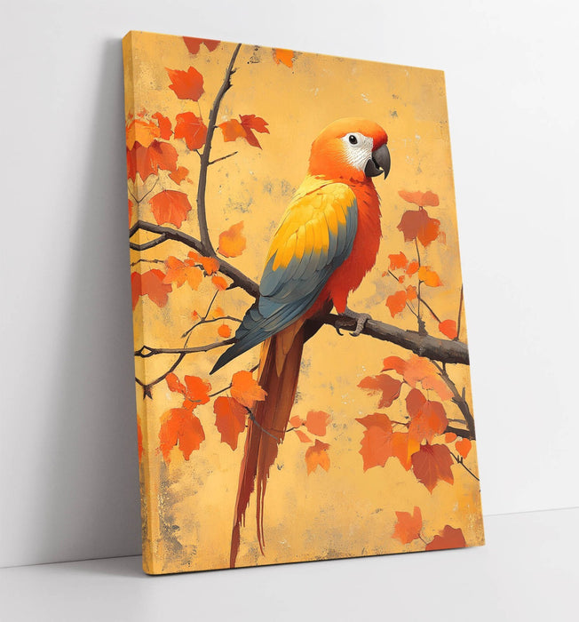 Orange Parrot Canvas Art – Vibrant Bird Wall Print on Autumn Tree Branch