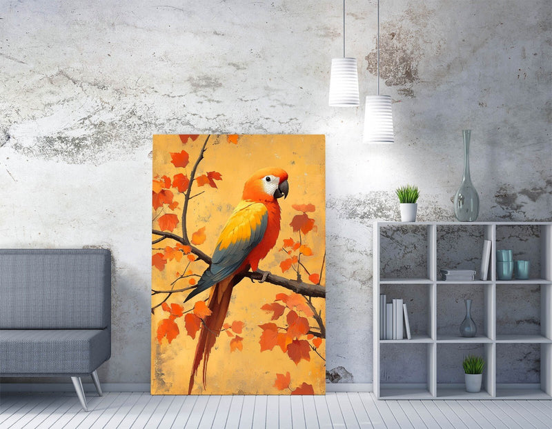 Orange Parrot Canvas Art – Vibrant Bird Wall Print on Autumn Tree Branch