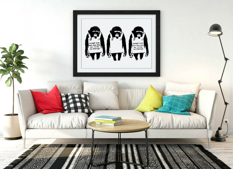 BANKSY LAUGH NOW MONKEYS -FRAMED POSTER WALL ART PRINT ARTWORK- BLACK & WHITE