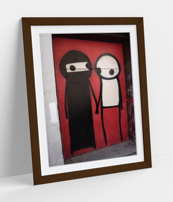 Framed Graffiti Art – STIK Muslim Stick Character Print with Faux Wood Frame