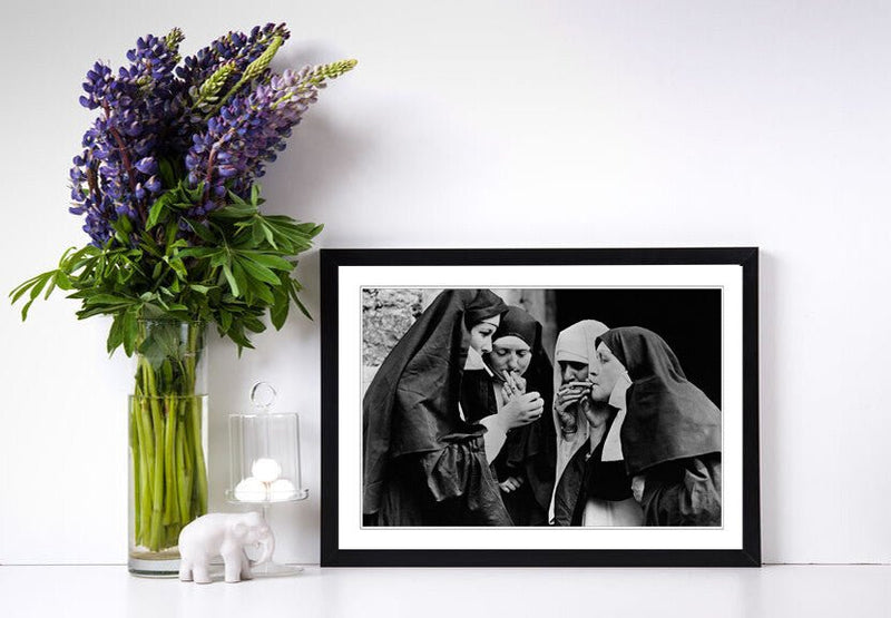 Vintage Canvas Wall Art – Nuns Smoking Artwork | Handmade Framed Canvas Print