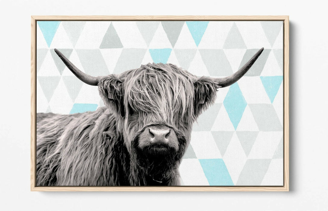 HIGHLAND COW TURQOISE GEOMETRIC LIGHT -FLOAT EFFECT CANVAS WALL ART PIC PRINT