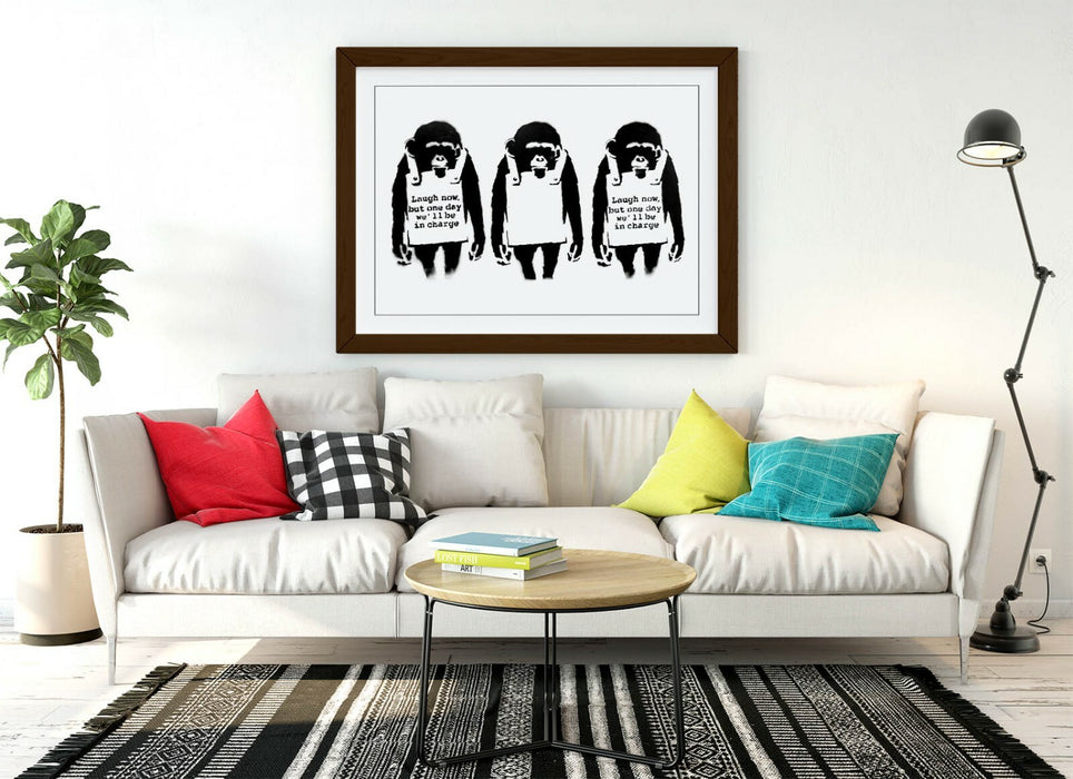 BANKSY LAUGH NOW MONKEYS -FRAMED POSTER WALL ART PRINT ARTWORK- BLACK & WHITE