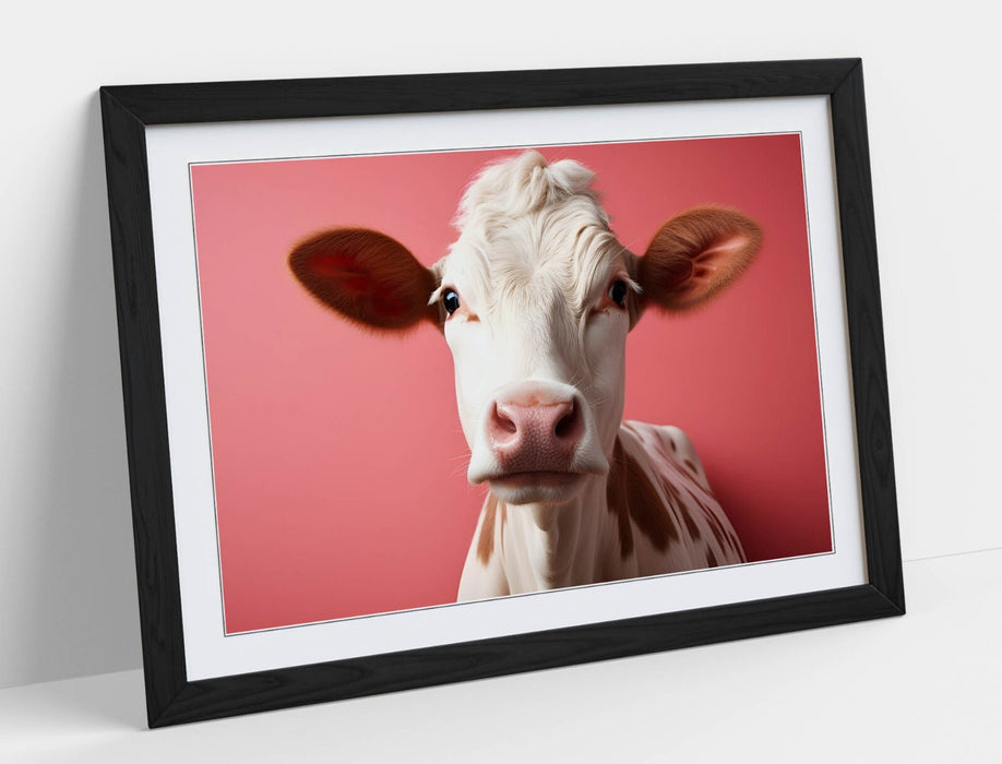 Cow Wall Art - Framed Close Up Print With Pink Background | Handmade UK Home Decor