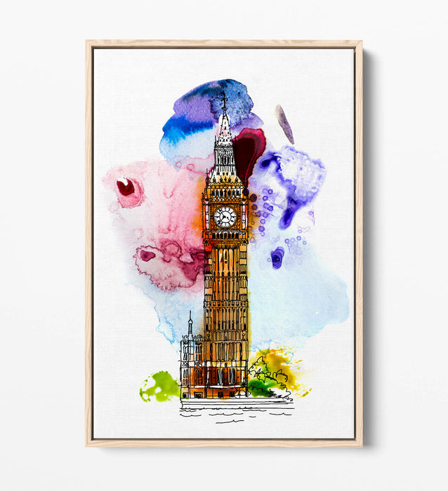 Canvas Wall Art – Big Ben London Watercolour Splash With Float Effect Frame