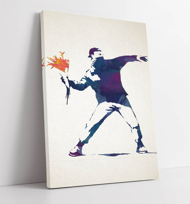BANKSY FLOWER BOMBER WATERCOLOUR STYLE -CANVAS WALL ART PRINT ARTWORK FRAMED