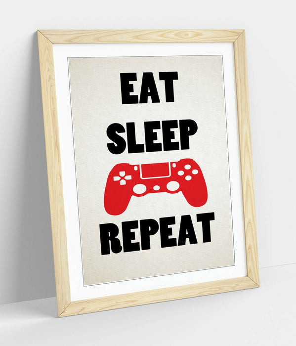 "EAT SLEEP GAME REPEAT" FUNNY GAMER QUOTE KIDS -FRAMED WALL ART PICTURE PRINT