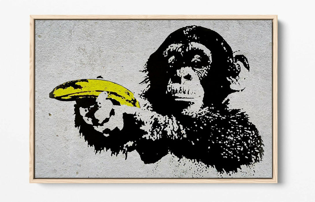 BANKSY MONKEY BANANA GUN -FLOAT EFFECT CANVAS WALL ART PIC PRINT- YELLOW BLACK