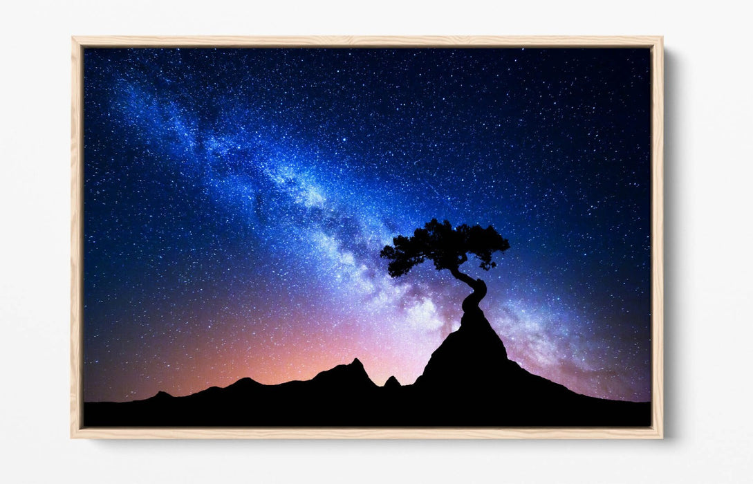 Canvas Wall Art - Tree Silhouette Blue Starry Night Float Effect Print
