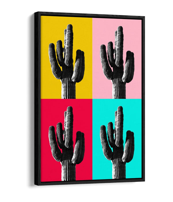 TRENDY B&W CACTUS POP ART MULTI-COLOURED -FLOAT EFFECT CANVAS WALL ART PRINT