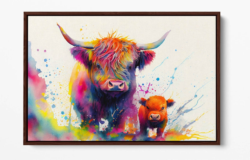 Highland Cows Canvas – Colorful Animal Print Float Effect Canvas Wall Art