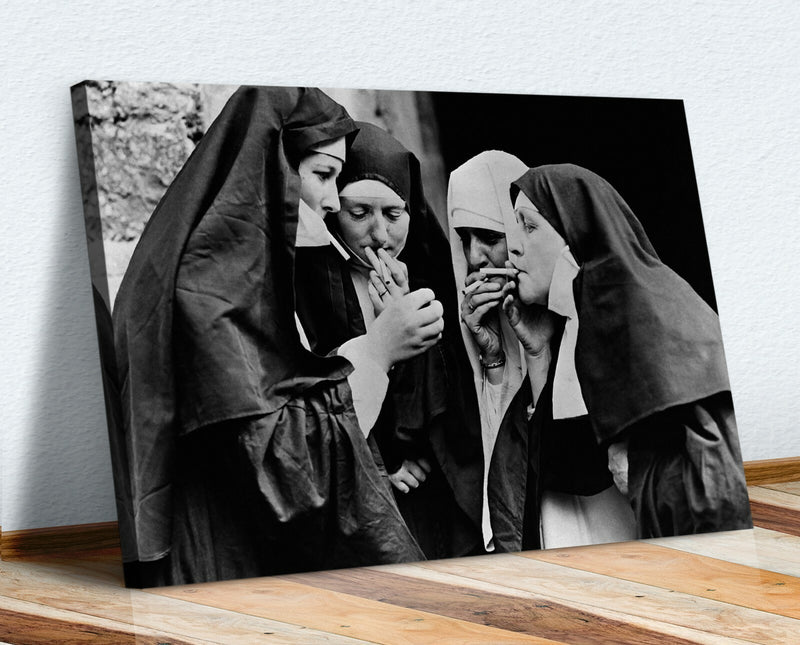 Vintage Canvas Wall Art – Nuns Smoking Artwork | Handmade Framed Canvas Print