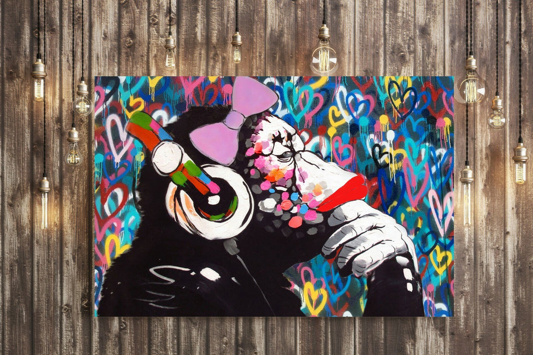 MONKEY DJ BANKSY STYLE LOVE WALL CANVAS STREET WALL ART PRINT - FEMALE GORILLA
