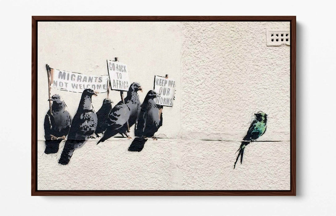 BANKSY RACIST PIGEONS -FLOAT EFFECT CANVAS WALL ART PIC PRINT- BEIGE GREEN WHITE