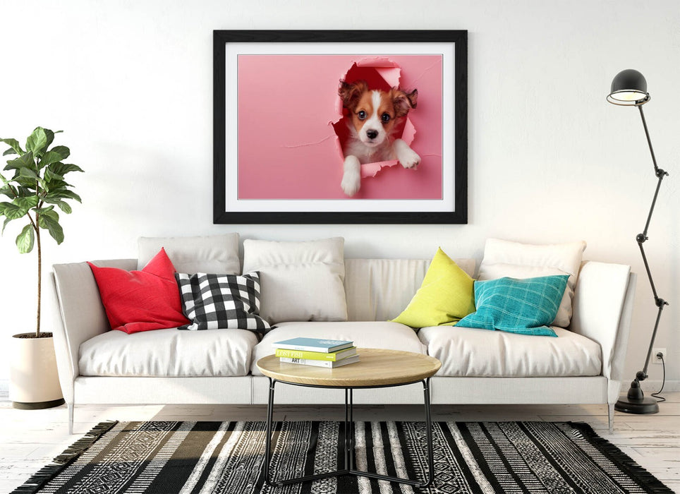 Puppy Wall Art – Framed Cute Puppy Poster With Pink Wall Decor, Ready To Hang