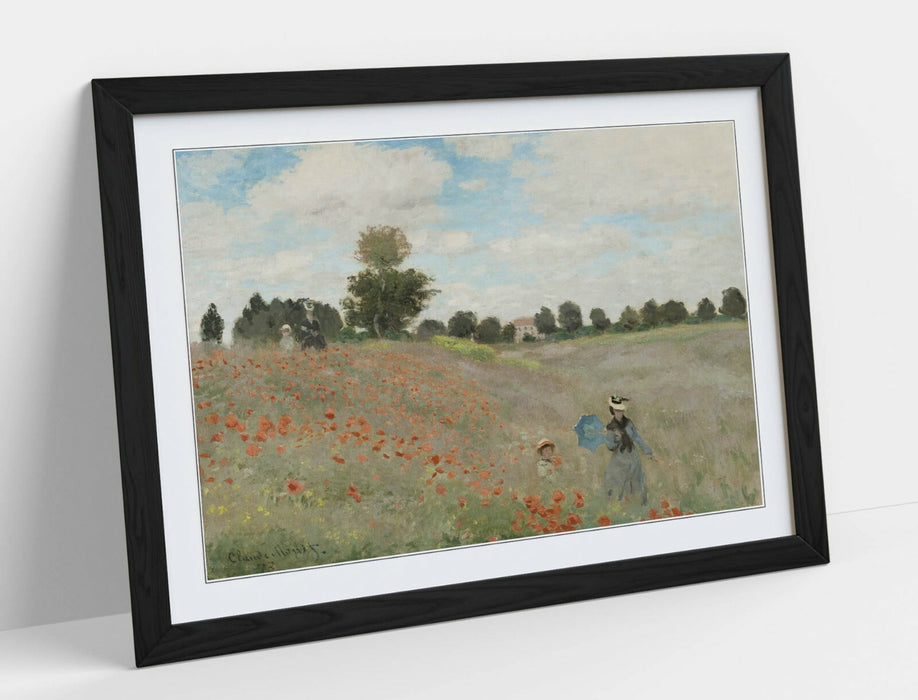 Claude Monet Poster - Framed Art Print with Blue Red Poppy Field Artwork