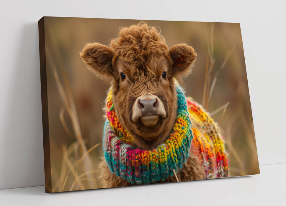 CUTE HIGHLAND COW WEARING RAINBOW JUMPER CANVAS WALL ART PICTURE PRINT
