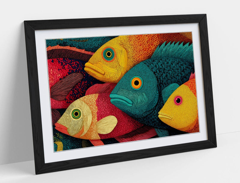 Framed Wall Art – Multi Color School Of Fish Print With Woodgrain Frame