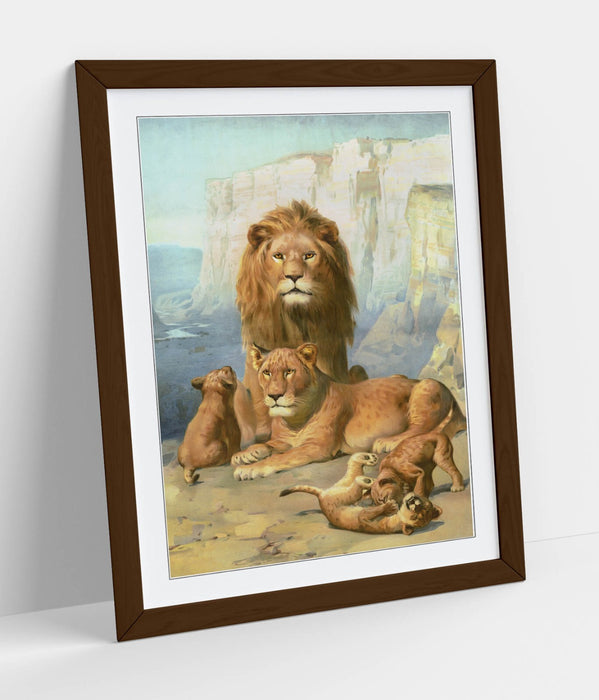 Lion Wall Art - Framed Wildlife Wall Decor With Cubs Print | Ready To Hang