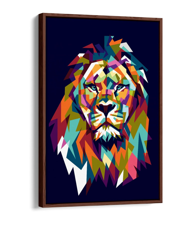 Lion Head Canvas Art - Multi Colour Geometric Wall Decor With Float Effect Frame