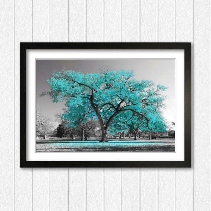 Turquoise Tree Wall Art - Large Framed Picture Print with Teal Leaves Poster