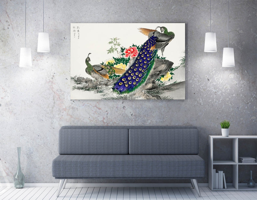 Canvas Wall Art - Numata Kashu Peacock and Peony Handmade Print with 30mm Deep Frame