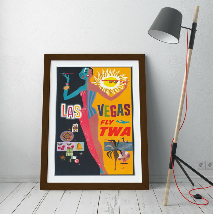 RETRO LAS VEGAS TRAVEL POSTER -FRAMED WALL ART PICTURE PRINT- YELLOW BLACK PINK
