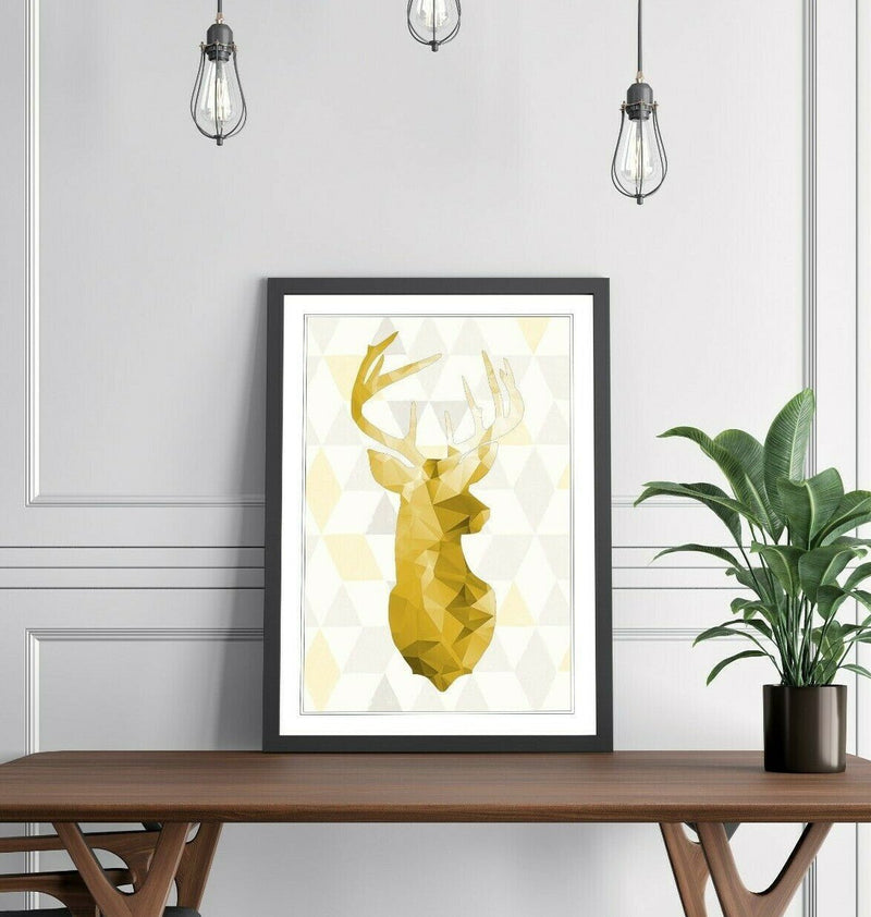 Framed Wall Art Print - Mustard Yellow Geometric Stag Head Artwork | Handmade UK