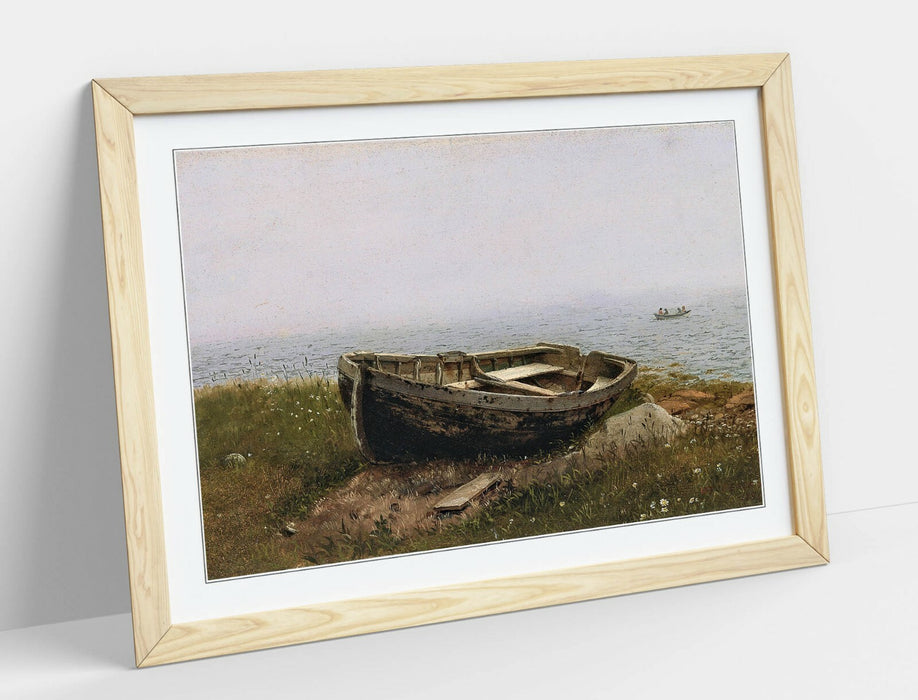 Framed Wall Art - Abandoned Boat Poster Print With Woodgrain Frame Finish
