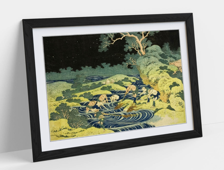 Framed Art Poster - Katsushika Hokusai Fishing Scene Artwork | Woodgrain Frame Wall Art Print