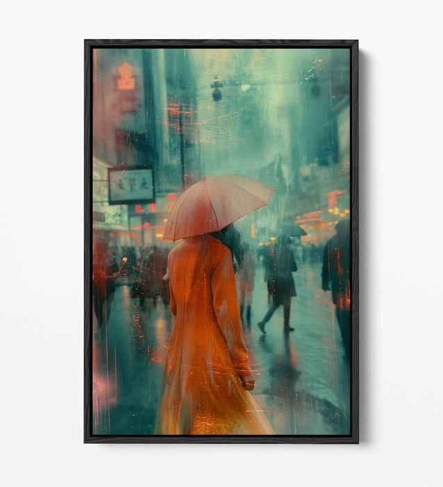 Canvas Wall Art - Woman With Umbrella in City Street | Float Effect Print