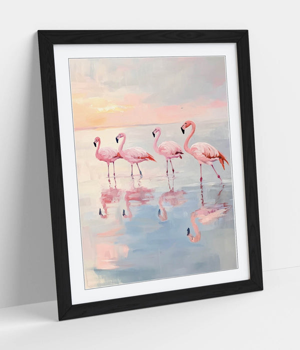 Pink Flamingo Wall Art – Framed Pastel Flamingo Print in Natural Wood Frame