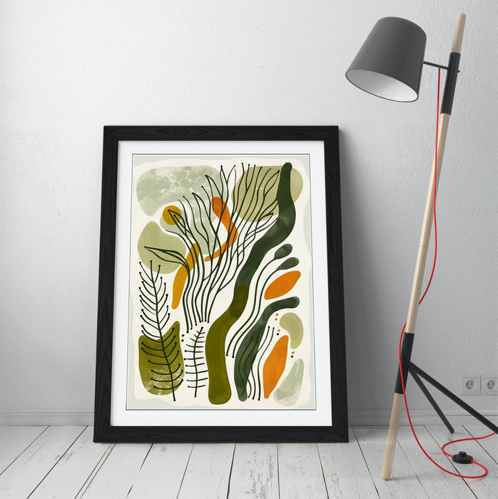 Boho Framed Wall Art – Minimalist Plant Leaf Poster with Natural Wood Frame