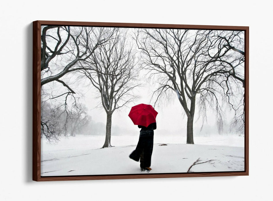 Canvas Wall Art - Red Umbrella Snow Scene | Float Effect Canvas Print