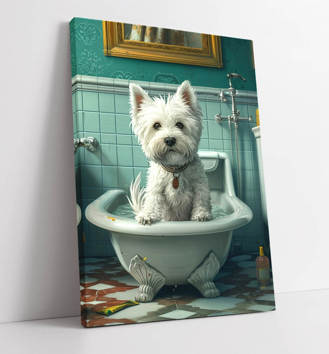 West Highland Terrier Art – Handmade Canvas Wall Art with Bathtub Dog Print