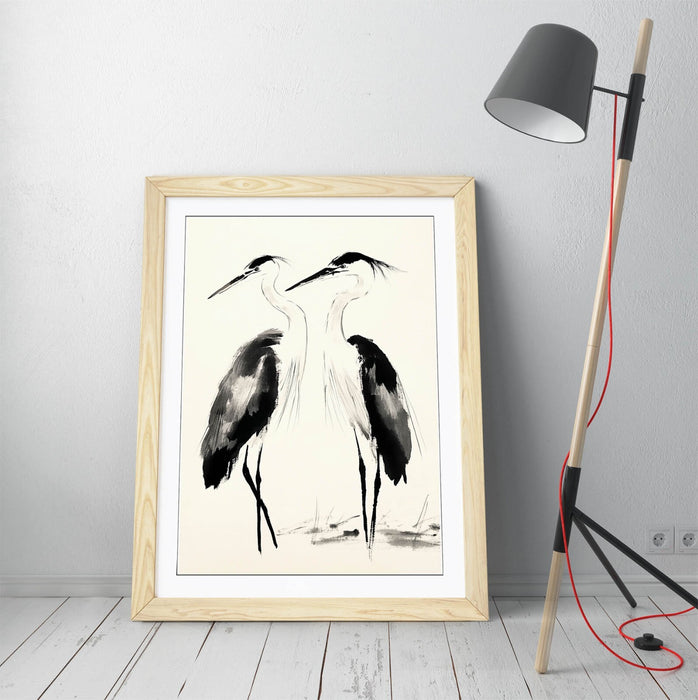 Framed Wall Art | Two Heron Birds Oriental Ink Style Poster Print - Handmade Decor
