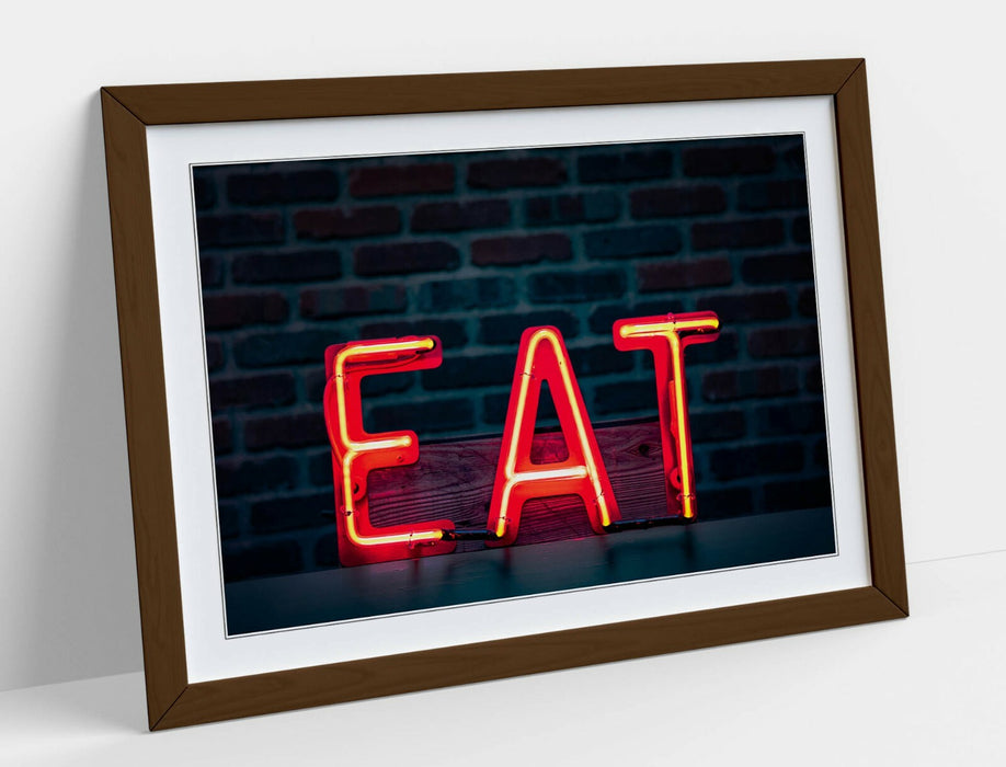 Kitchen Neon Sign - Framed Wall Art With Navy Blue Artwork & Faux Wood Frame