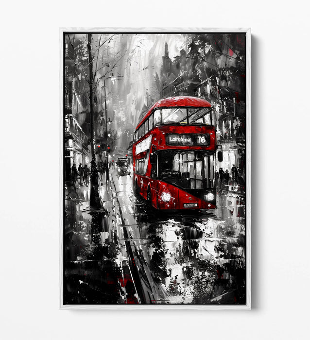 Canvas Wall Art - Black White Cityscape Red Bus Print | Handmade Premium Float Effect