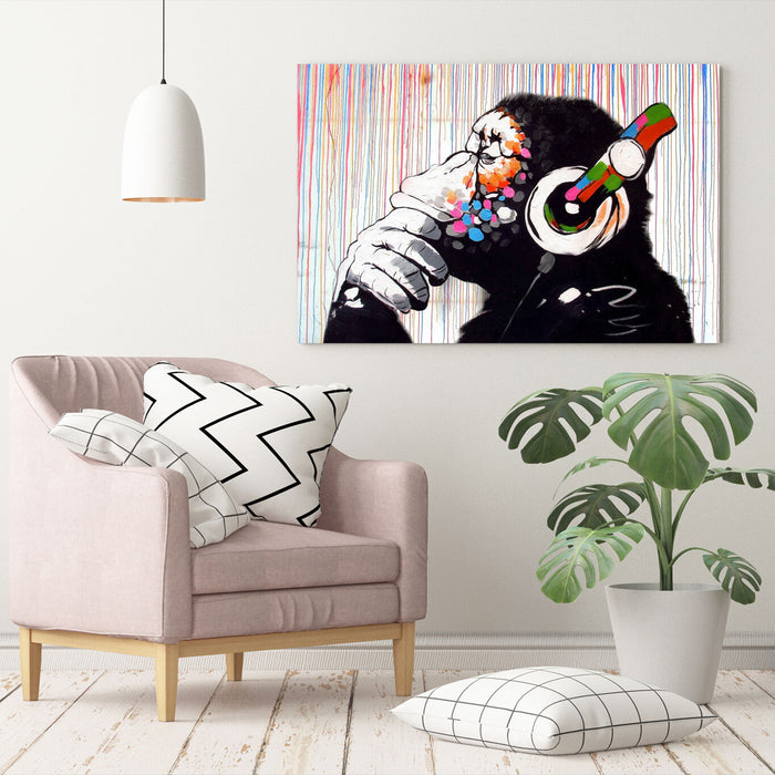 BANKSY  DJ MONKEY COLOURED RAIN CANVAS WALL ART PRINT PICTURE ARTWORK GORILLA