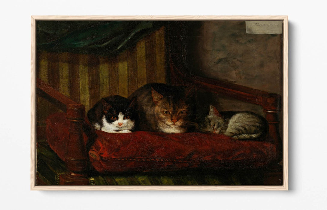 Float Effect Canvas Art - Cat With Kittens Handmade Wall Print, Premium Varnish Finish