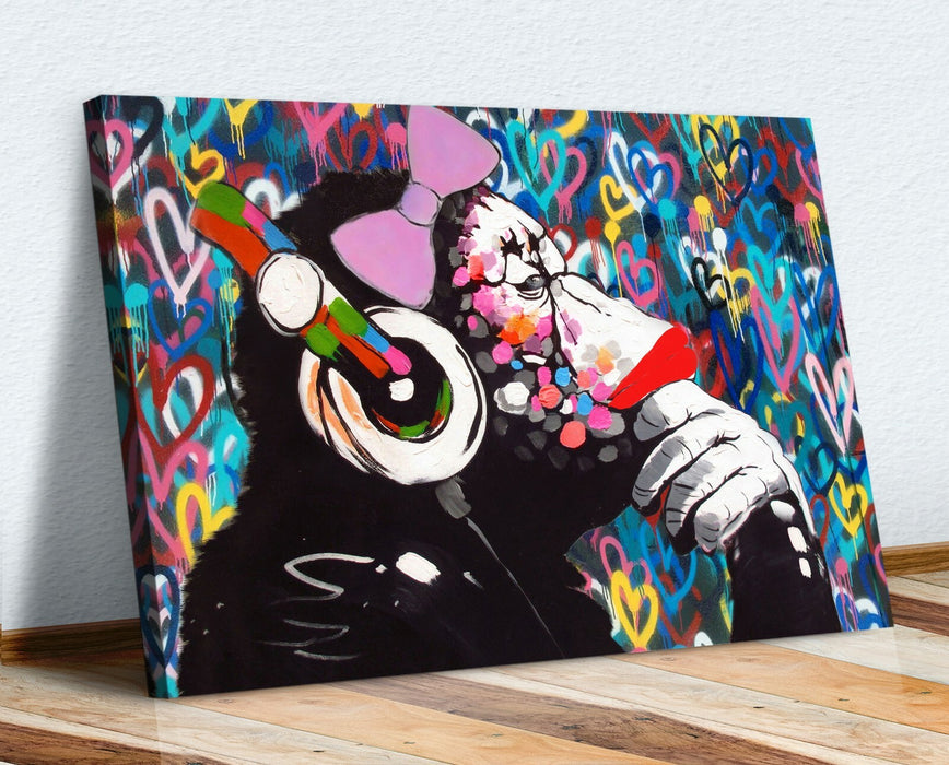 MONKEY DJ BANKSY STYLE LOVE WALL CANVAS STREET WALL ART PRINT - FEMALE GORILLA