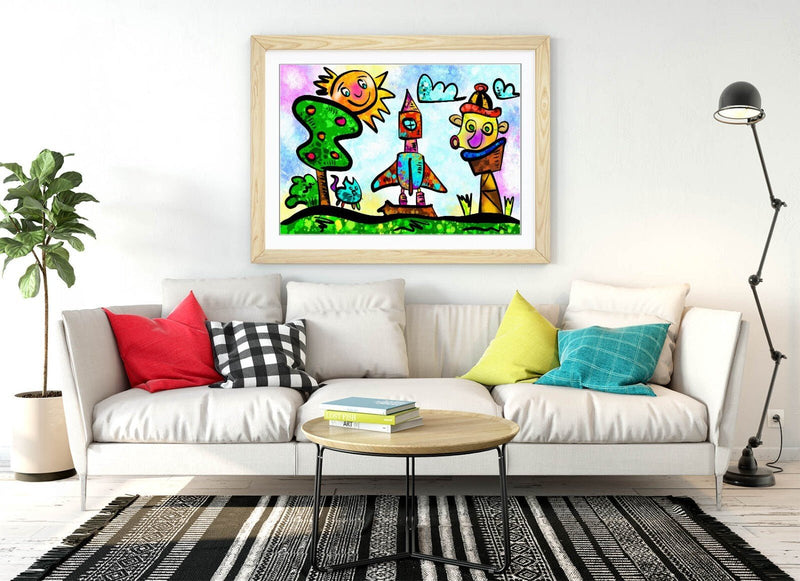 Kids Bedroom Art - Colorful Framed Poster Print With Wood Grain Frame