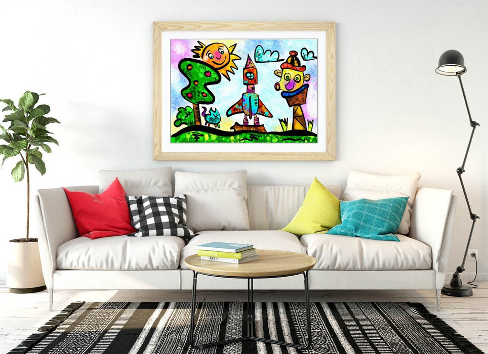Kids Bedroom Art - Colorful Framed Poster Print With Wood Grain Frame
