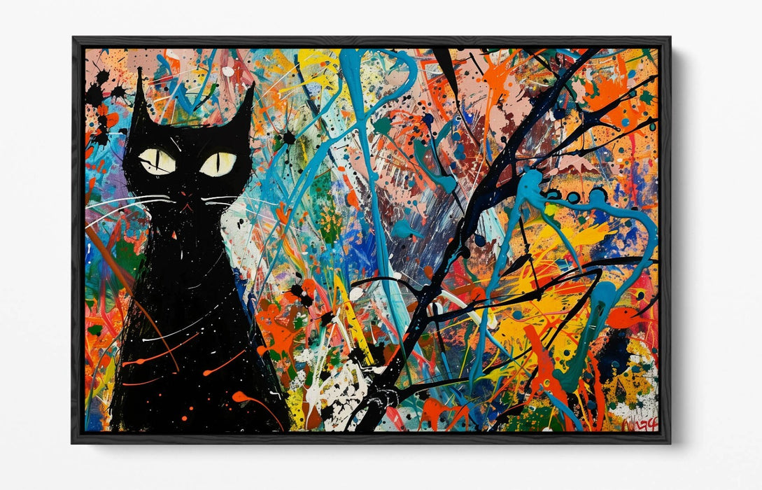 Black Cat Canvas Art – Jackson Pollock Style Float Effect Print on Premium Frame