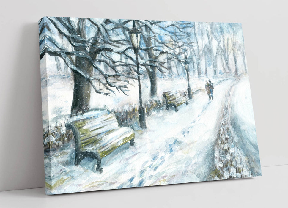 Canvas Wall Art – Couple Walking in Snowy Park Winter Home Decor Print