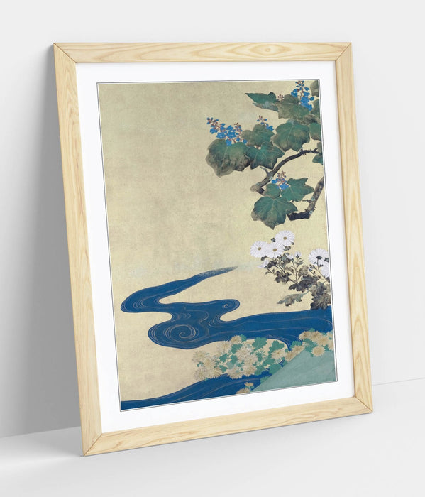 Framed Art Poster | Japanese Floral Wall Art Print with Wood Grain Frame