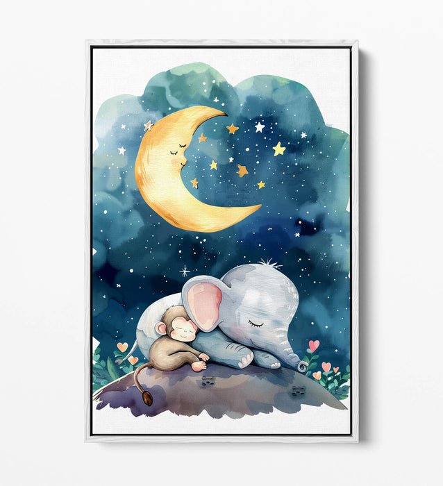 Kids Bedroom Canvas Art - Cute Elephant Monkey Print | Handmade Float Effect Wall Art