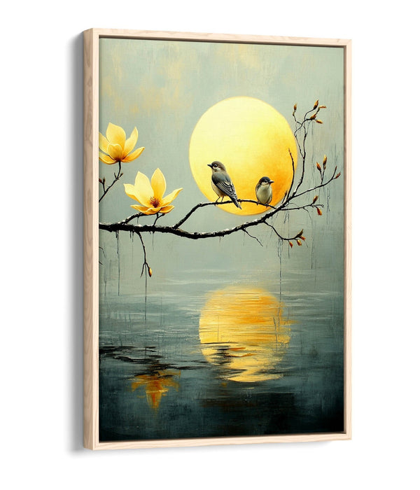 Canvas Wall Art - Perched Birds Artwork On Tree With Water Reflection | Float Effect